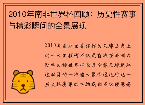 2010年南非世界杯回顾：历史性赛事与精彩瞬间的全景展现