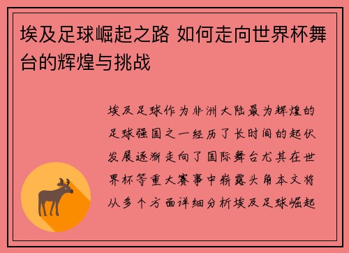 埃及足球崛起之路 如何走向世界杯舞台的辉煌与挑战