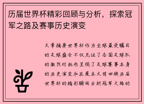 历届世界杯精彩回顾与分析，探索冠军之路及赛事历史演变
