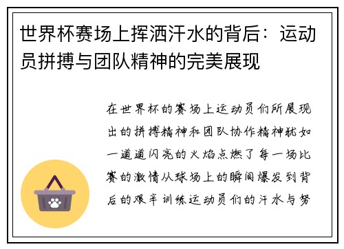 世界杯赛场上挥洒汗水的背后：运动员拼搏与团队精神的完美展现
