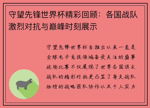 守望先锋世界杯精彩回顾：各国战队激烈对抗与巅峰时刻展示